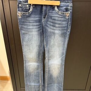 Grace Embroidered Blue Skinny Jeans with Vintage Fade